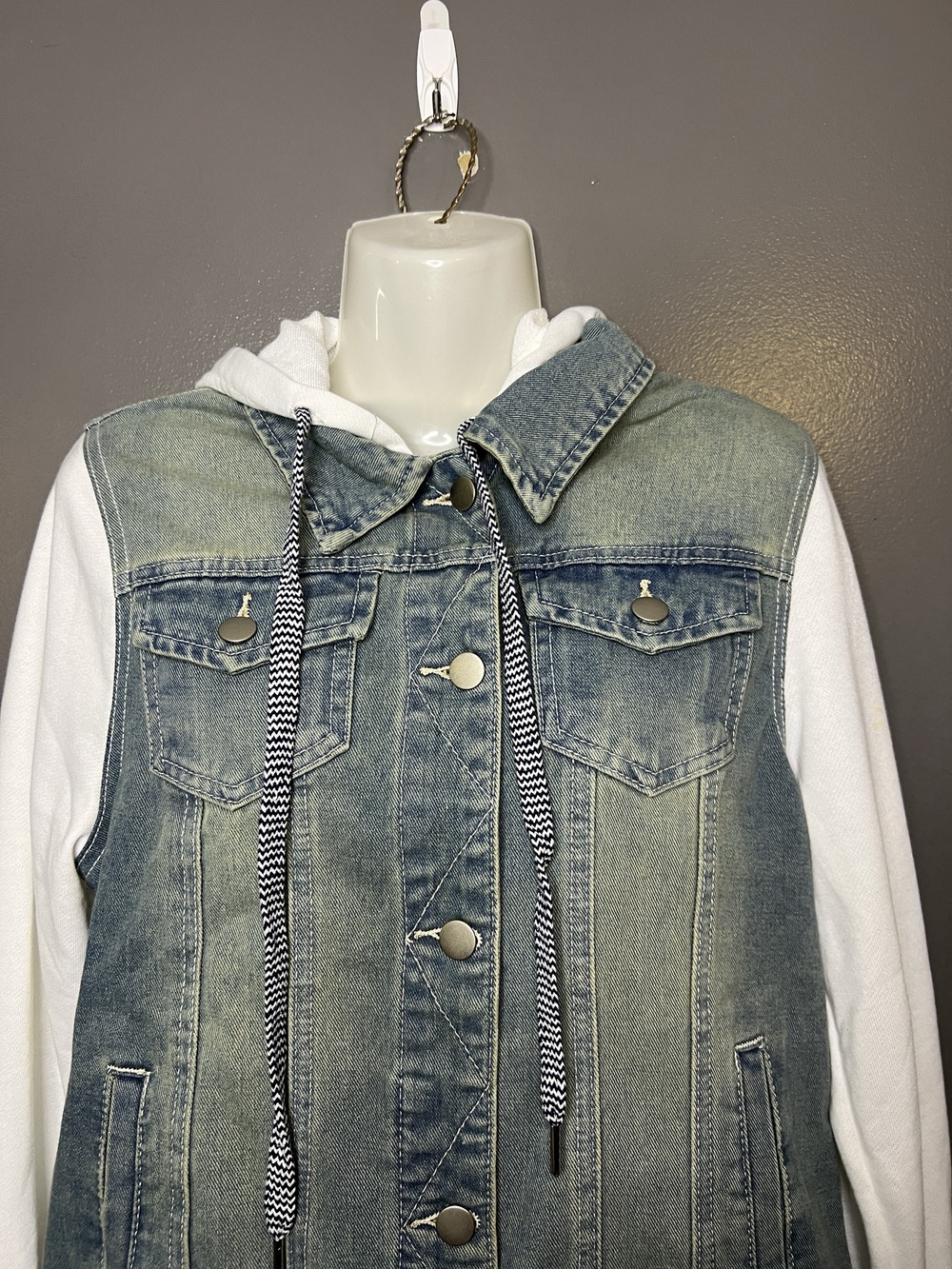 Allegra K Jacket Womens Medium Blue Denim Hooded White Sleeves Snap Front
